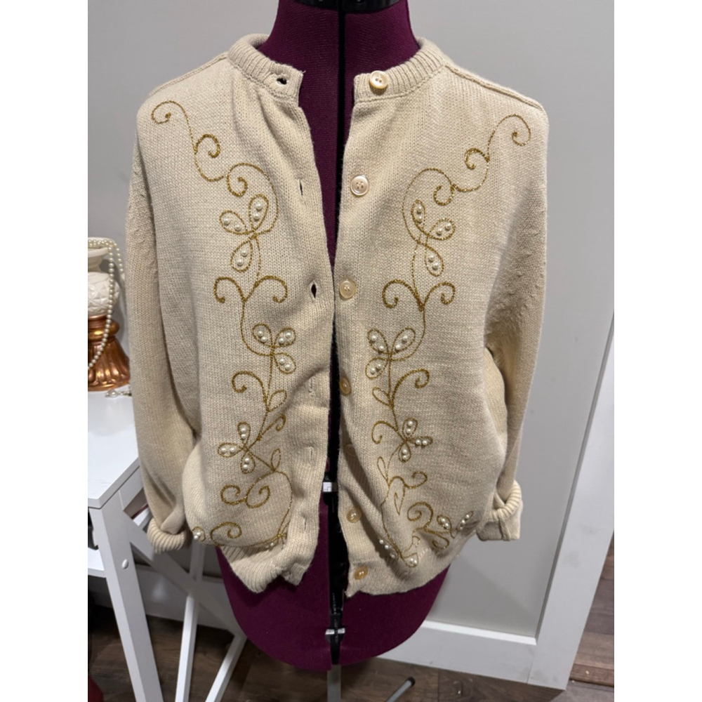 Vintage Cream Cardigan With Gold Embroidered and Pearl Design Small
